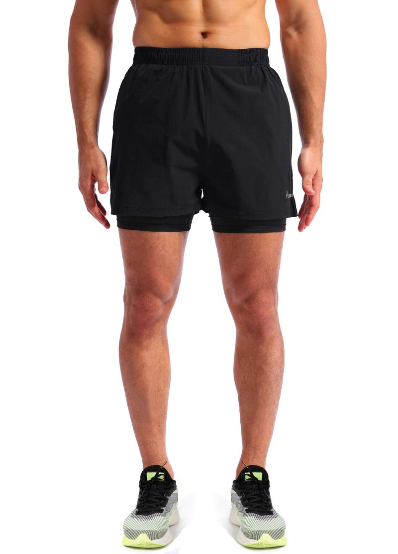 Pudolla Menâ€™s 2 in 1 Running Shorts 5" Quick Dry Gym Athletic Workout Shorts for Men with Phone Pockets(Black X-Large) - Image 2